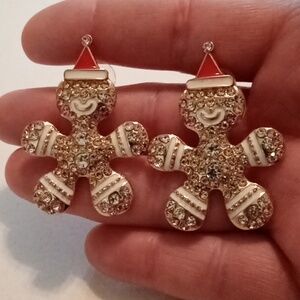 #1002.  Gold Toned, Rhinestone And Enameled Gingerbread Man Holiday Earrings